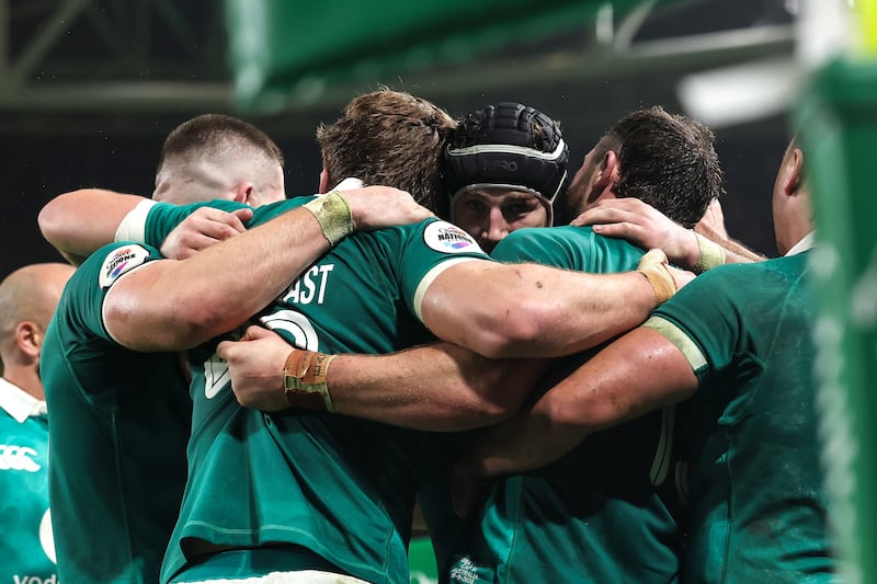 Robbie Henshaw celebrates with Ireland teammates after his try against Australia on Saturday added gloss to the scoreline. Photograph: Gary Carr/Inpho