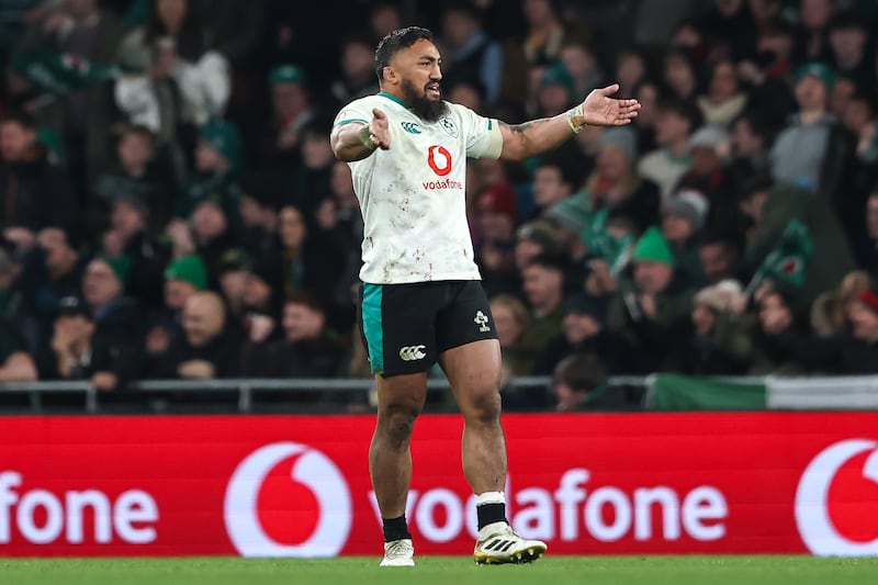 Ireland's Bundee Aki encourages the crowd. Photograph: Gary Carr/Inpho