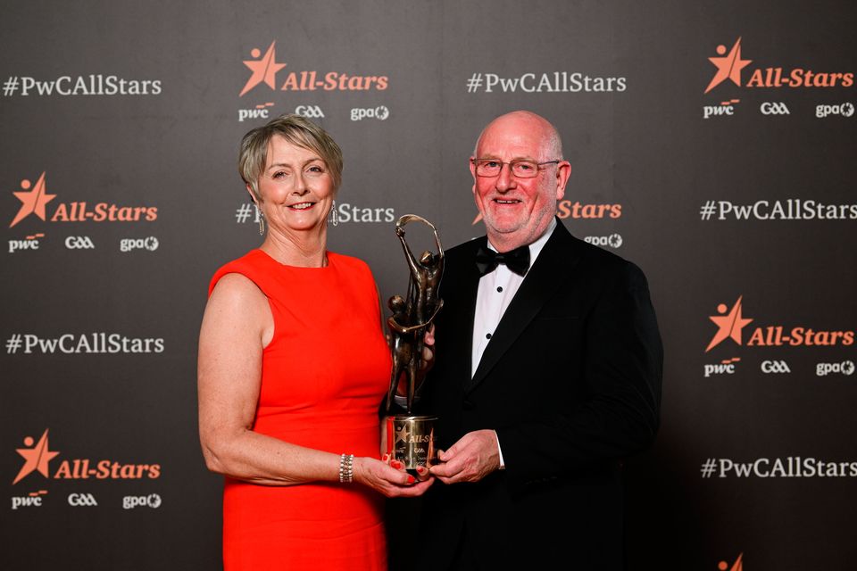 7 November 2025; Marie, left, and Tom Mannion accept the PwC GAA/GPA All-Star Award on behalf of their son Cathal Mannion of Galway during the 2025 PwC GAA/GPA All-Star Awards at the RDS in Dublin. Photo by Ramsey Cardy/Sportsfile 