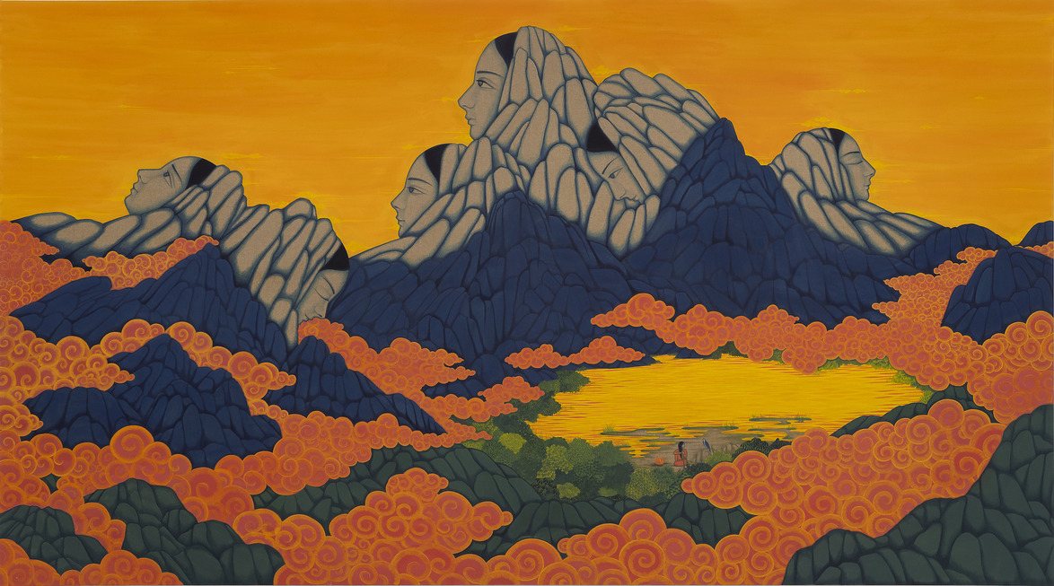 Colorful landscape painting of mountains with human faces and orange sky, surrounded by vibrant swirling clouds and a yellow lake.