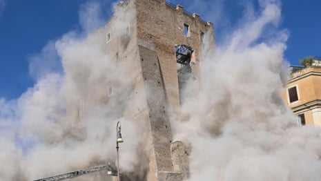 Moment part of medieval tower in Rome collapses – video