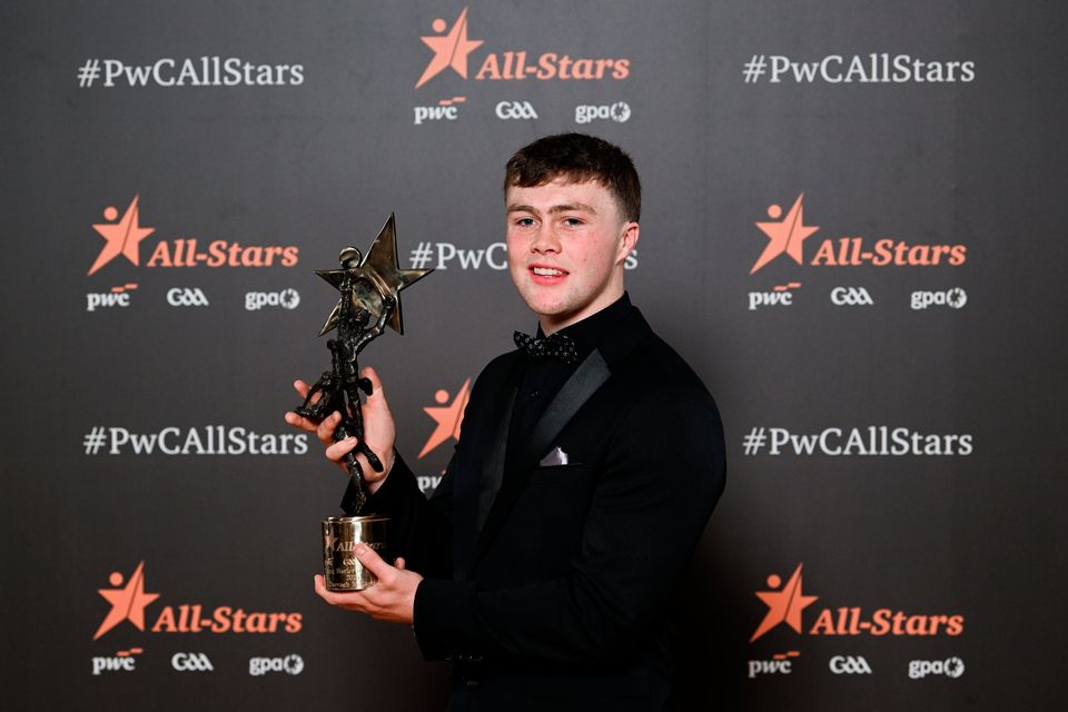 7 November 2025; Tipperary hurler Darragh McCarthy with his PwC GAA/GPA Young Hurler of the Year award during the 2025 PwC GAA/GPA All-Star Awards at the RDS in Dublin. Photo by Ramsey Cardy/Sportsfile 