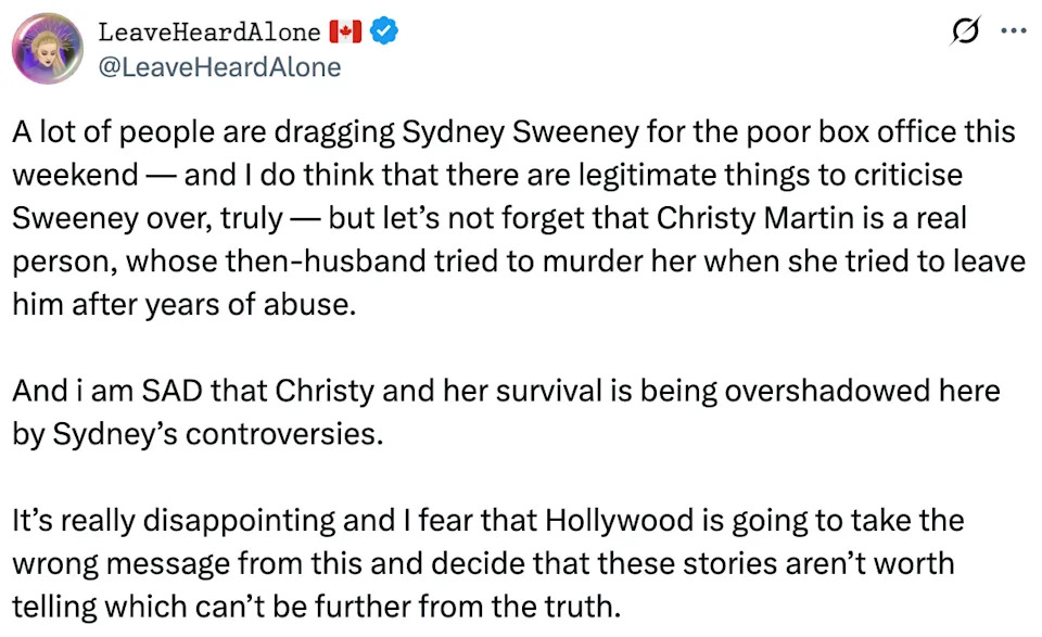 Text discussing criticism of Sydney Sweeney over box office results, mentioning Christy Martin's true story of survival overshadowed by controversy