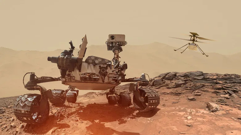 Rover and drone on Mars