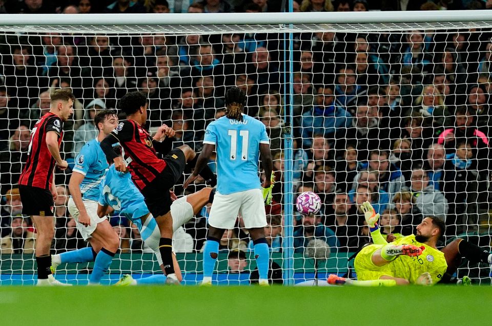 Bournemouth's Tyler Adams (second left) scores his side's goal at the Etihad Stadium. Photo: Martin Rickett/PA Wire.