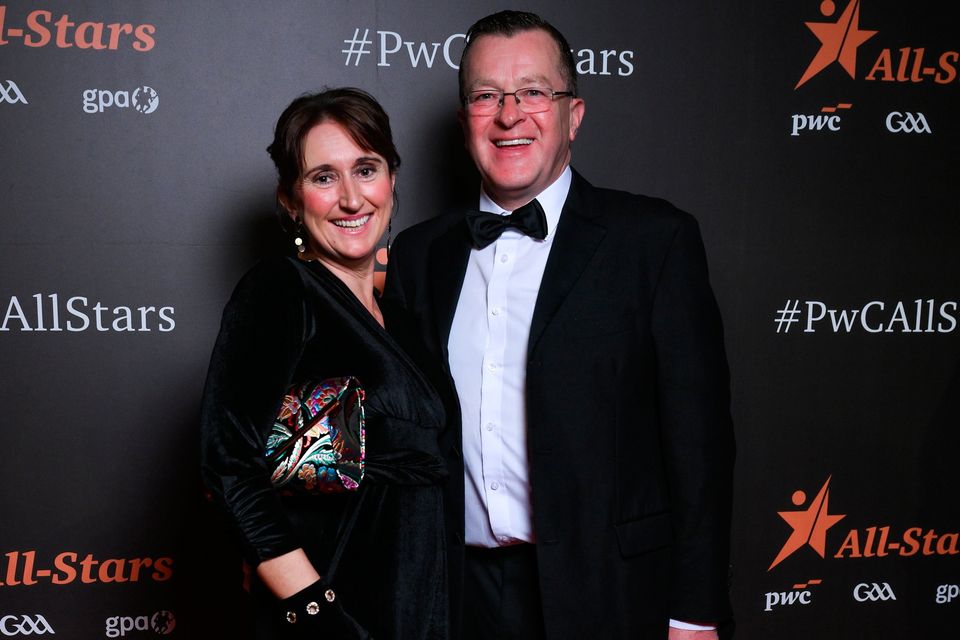 Martina and Fergal Somers on arrival to the 2025 PwC GAA/GPA All-Star Awards at the RDS in Dublin. Photo by Brendan Moran/Sportsfile