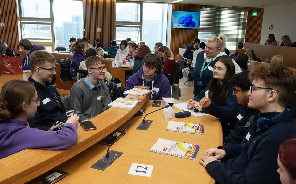 Discussing session during the annual Wexford Comhairle na nÓg Youth Conference in the Council Chambers at Wexford County Council on Thursday. Pic: Jim Campbell