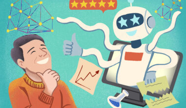 An illustration of a robot coming out of a computer screen with a thumbs up next to a smiling man.