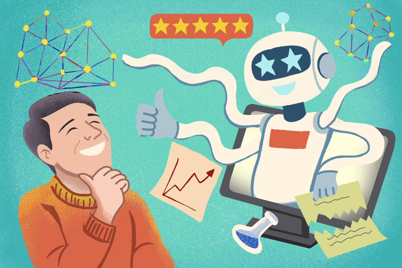 An illustration of a robot coming out of a computer screen with a thumbs up next to a smiling man.