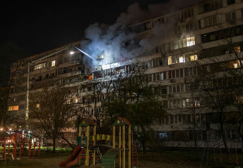 Ukrainian rescuers work at the site of a Russian strike on a nine-storey residential building in Kyiv on Tuesday. Photograph: Maxym Marusenko/EPA