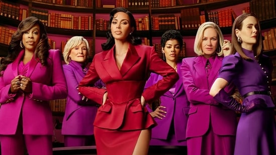 Niecy Nash, Glenn Close, Kim Kardashian, Teyana Taylor, Naomi Watts and Sarah Paulson in a still from All's Fair. 