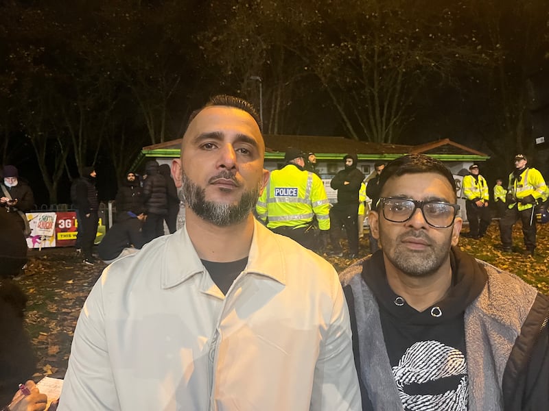 Local community leaders Shakeel Afsar (left) and Akhmed Yakoob outside Villa Park. Photograph: Mark Paul