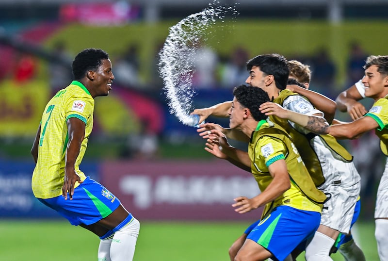 Ruan Pablo of Brazil celebrates with teammates after scoring against Indonesia in the Fifa Under-17 World Cup group match against Indonesia in Doha, Qatar. Photograph: Noushad Thekkayil/NurPhoto via Getty Images