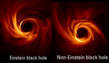 An illustration of future black hole images showing a subtle variation between those described by general relativity and those not.