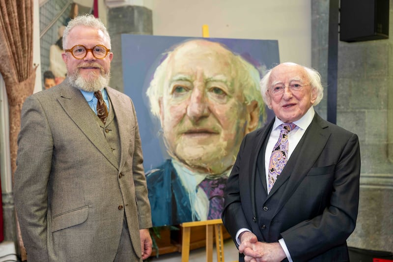 Colin Davidson and President Michael D Higgins at the unveiling a portrait of the President by the Belfast-born artist. Photograph: Andrew Downes/Xposure