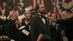 Death By Lightning stars Michael Shannon as James Garfield, shown here at the Republican National Convention, surrounding by cheering supporters