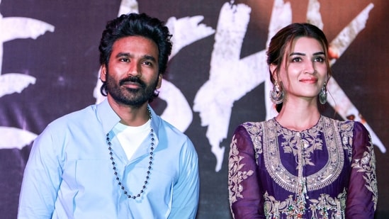 Dhanush and Kriti Sanon during the press conference in New Delhi for their upcoming film Tere Ishk Mein.(ANI)