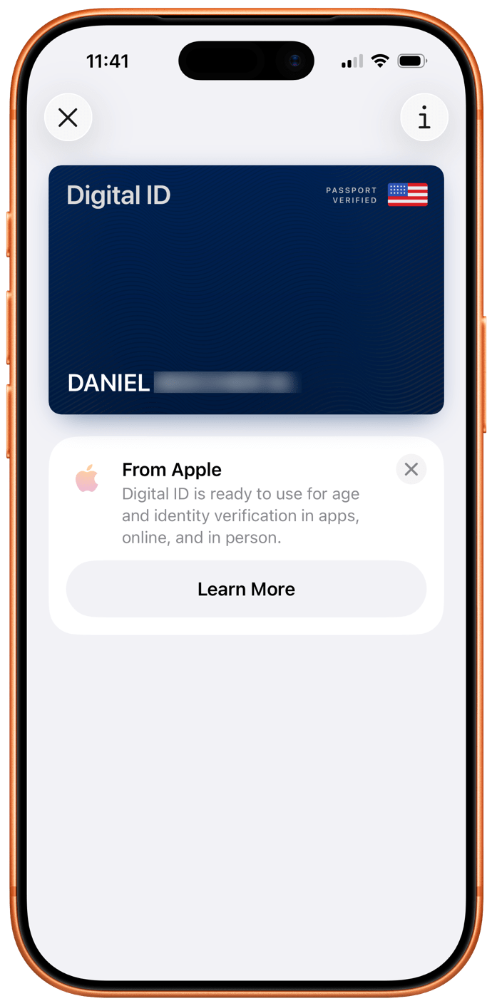 Screenshot of a smartphone screen displaying a digital ID with a passport verification badge. Below, a notification from Apple states the digital ID is ready for use, with a 'Learn More' button.