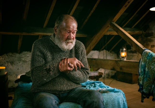 Injured Bear cries in Emmerdale