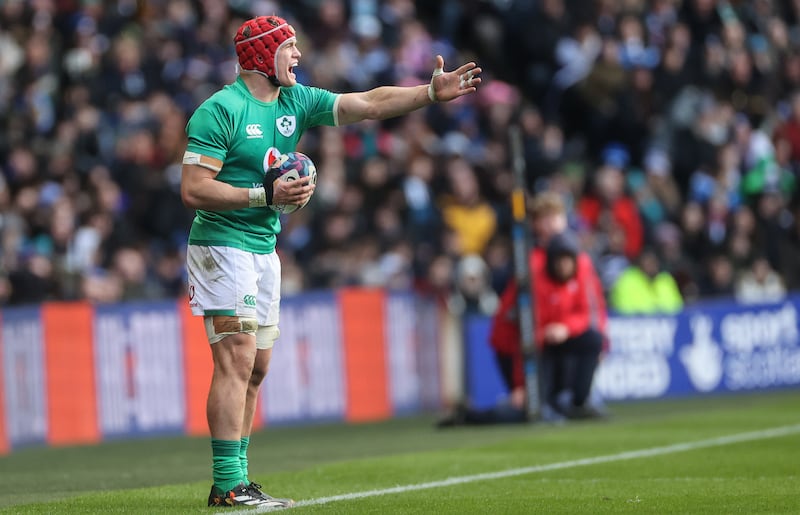 Josh van der Flier prepares to throw the ball into the lineout in the game against Scotland in March 2023. Photograph: James Crombie/INPHO