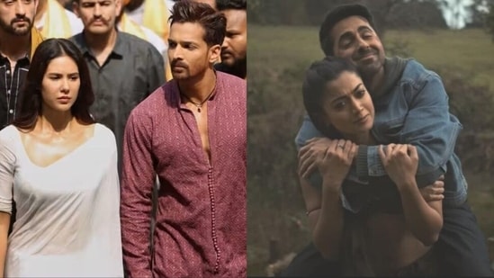 (L) Harshvardhan Rane and Sonam Bajwa in Ek Deewane Ki Deewaniyat and Ayushmann Khurrana and Rashmika Mandanna in Thamma. 
