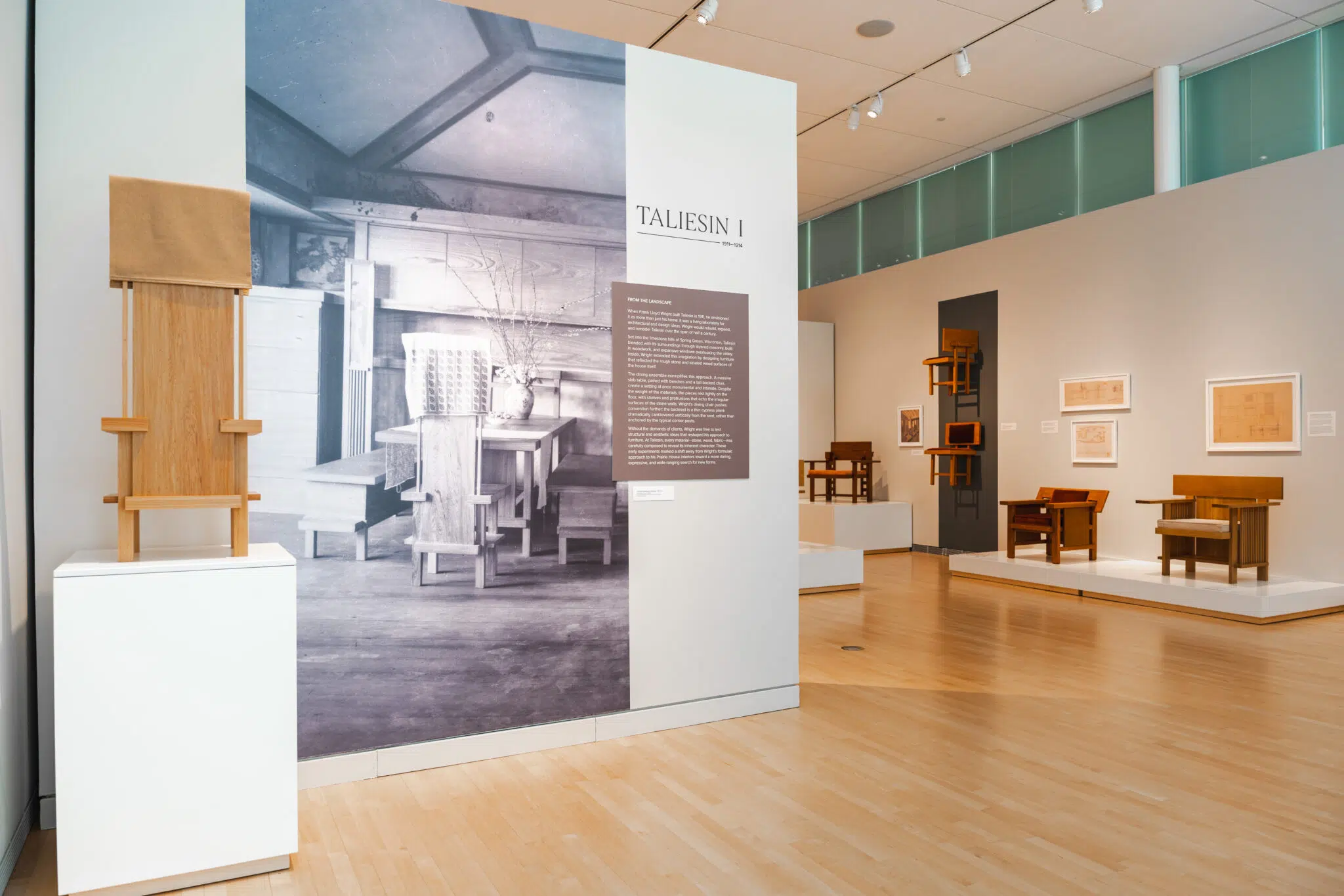 Installation view of “Frank Lloyd Wright: Modern Chair Design,” now open at the Museum of Wisconsin Art.