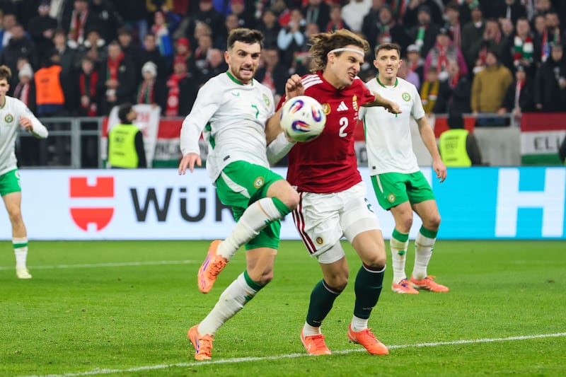 Ireland’s Troy Parrott scores his side’s third goal of the match. Photograph: Ryan Byrne/Inpho

