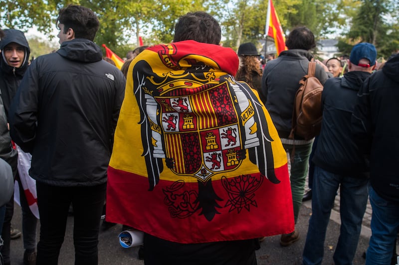 A pre-constitutional Spanish flag, associated with the Franco regime. Photograph: Marcos del Mazo/LightRocket via Getty 