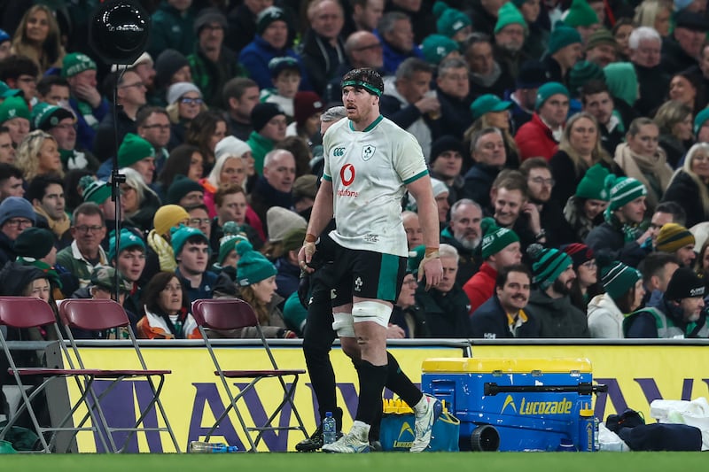 Ireland's Ryan Baird leaves the field through injury. Photograph: Gary Carr/Inpho