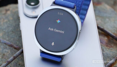 A close-up of Gemini on a Galaxy Watch 8 atop a Galaxy S25 Edge.