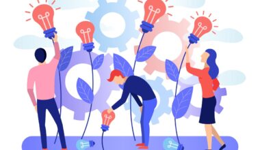 Image of a group of people collecting the fruits of plants in the form of a light bulb idea with gears in the background. 