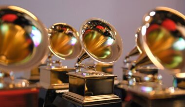 LAS VEGAS, NEVADA - APRIL 03: Grammy trophies sit in the press room during the 64th Annual GRAMMY Awards at MGM Grand Garden Arena on April 03, 2022 in Las Vegas, Nevada. (Photo by David Becker/Getty Images for The Recording Academy)
