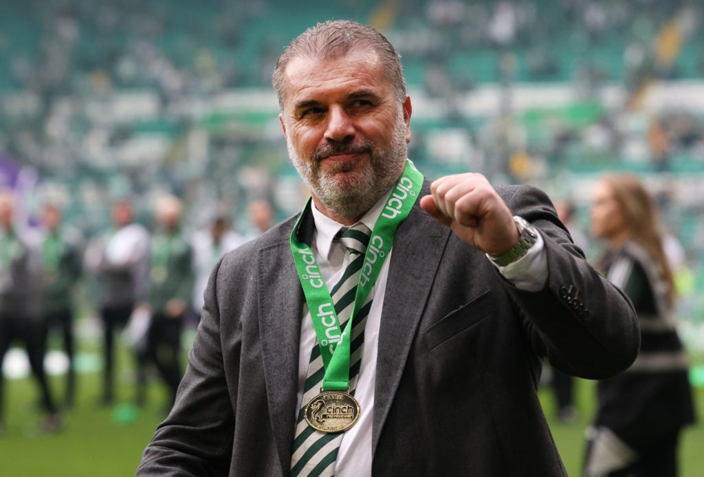 Ange Postecoglou celebrating Celtic winning the Premiership title.