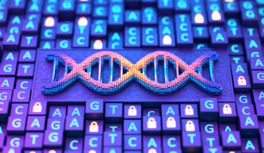 Image of digital screen with DNA strands and sequencing ATGC data background to symbolize optical genome mapping.