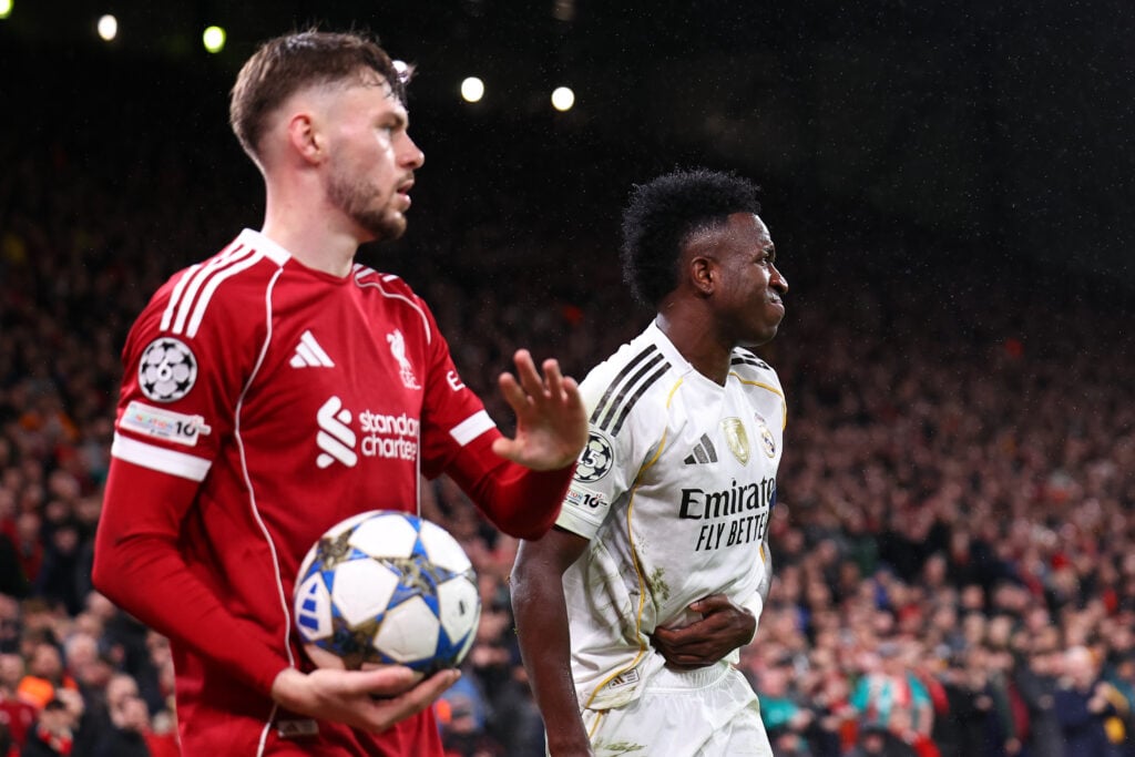 Conor Bradley and Vinicius Junior during Liverpool FC v Real Madrid C.F. - UEFA Champions League 2025/26 League Phase MD4