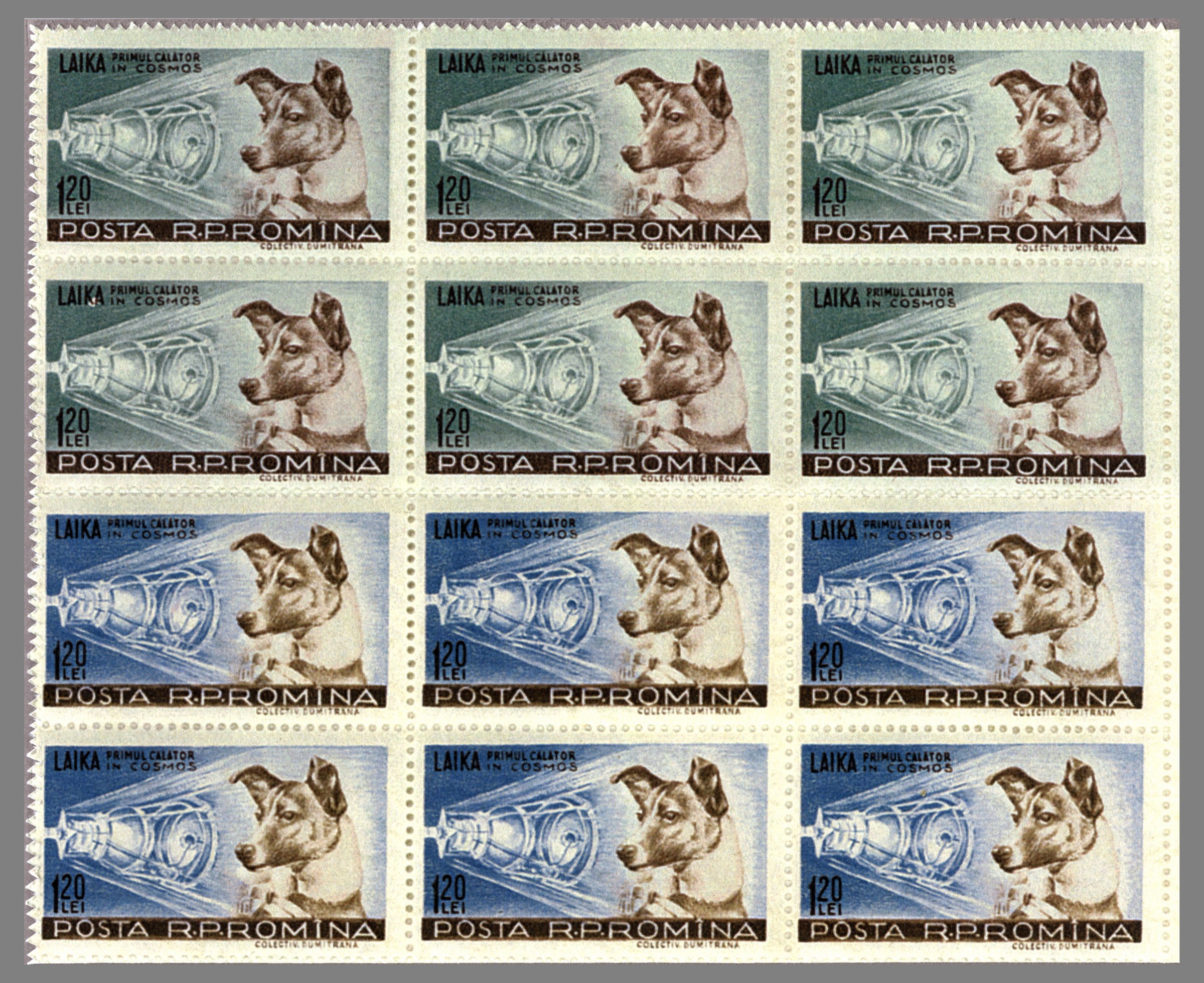 Sheet of twelve Romanian postage stamps featuring Laika with her portrait beside a Sputnik 2 illustration, in green and blue tints.