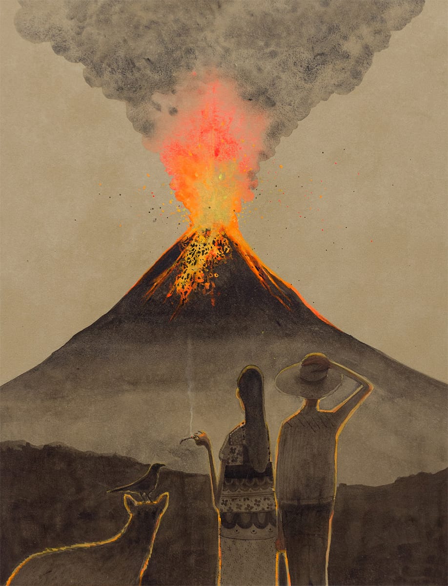 two people and a dog look up at a bursting volcano in a piece by Graham Franciose