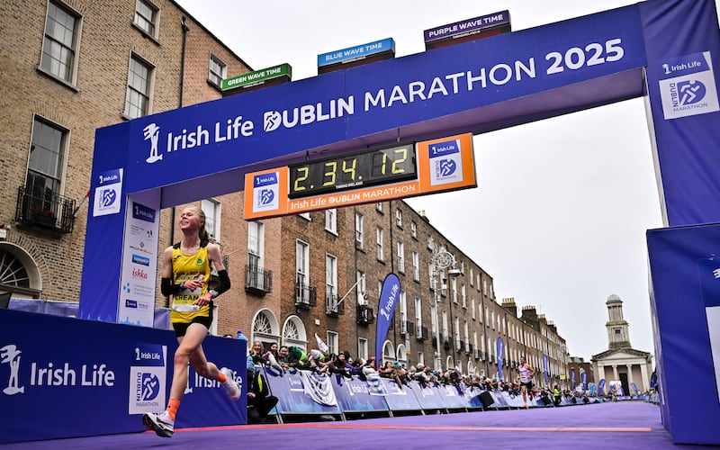 Ava Crean of Back 2 Boston Running Club AC, Limerick, crosses the finish line to win the women's national title this year. Photograph: Sam Barnes/Sportsfile