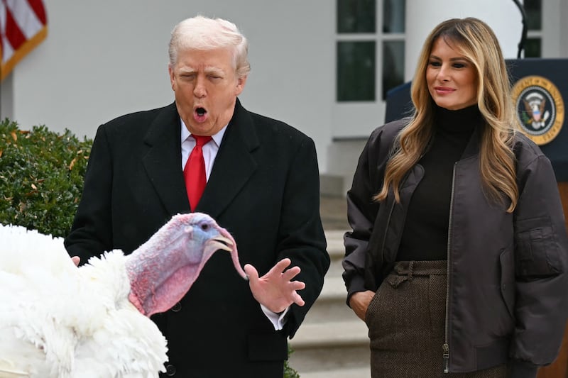 First lady Melania Trump looks on as US president Donald Trump pardons Gobble the turkey. Photograph: ANDREW CABALLERO-REYNOLDS/ AFP via Getty Images