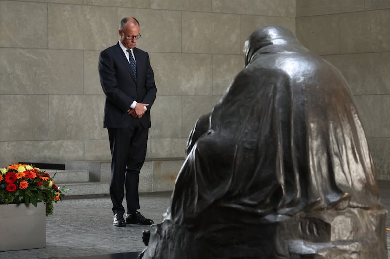German chancellor Friedrich Merz at Berlin's Neue Wache memorial during commemorations to mark the 80th anniversary of the end of the second World War on May 8th. Photograph: Sean Gallup/Getty