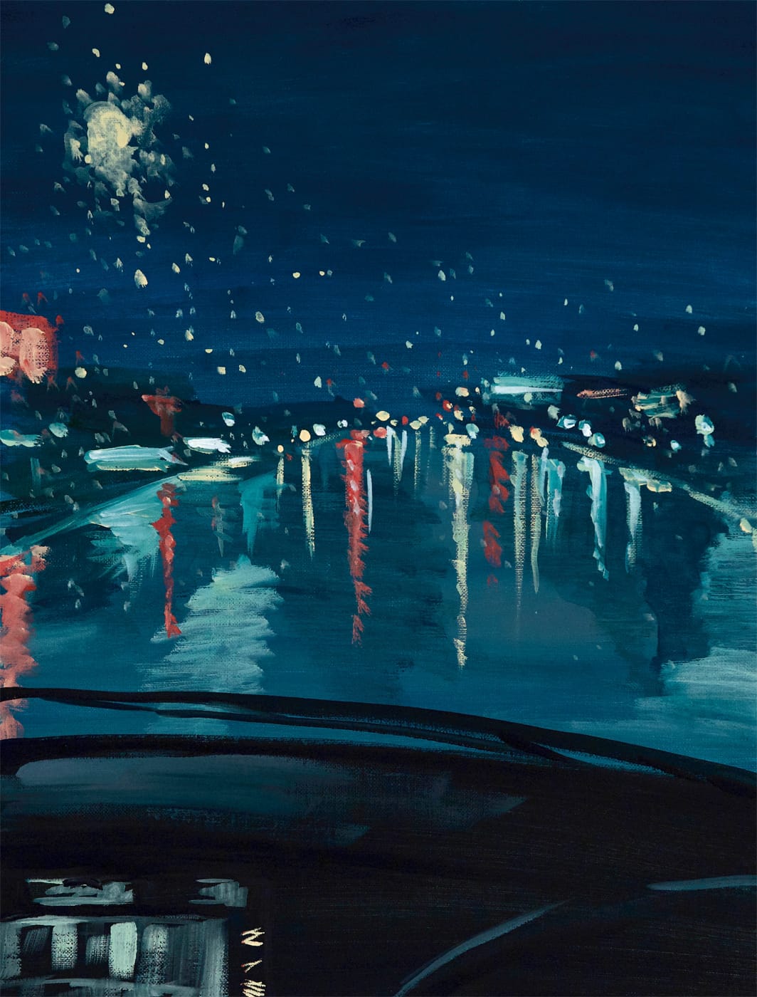 a rainy night driving scene by Hiroki Kawanbe