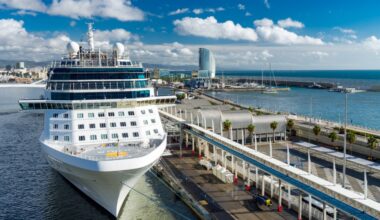 A cruise ship in the port.