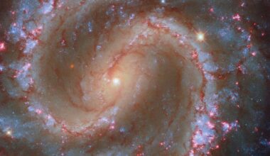 A close-in view of a spiral galaxy that faces the viewer. Brightly lit spiral arms swing outward through the galaxy’s disk, starting from an elliptical region in its center. Thick strands of dark reddish dust spread across the disk, primarily along the spiral arms. The arms also contain many glowing, pink-red spots where stars form and clumps of bright-blue star clusters. Beyond its spiral arms, the galaxy is a bit fainter and speckled with blue stars.