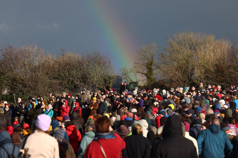 A rainbow appears at Month’s mind for Manchán Magan: Ashes and celebration of land and spirit, at the Hill of Uisneach, Westmeath. Photograph: Dara Mac Dónaill