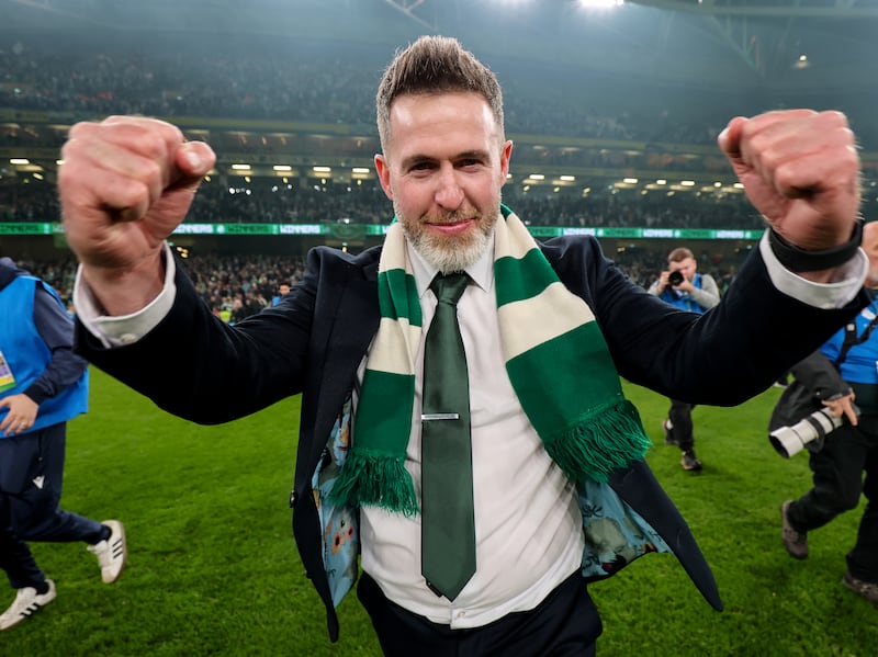 Shamrock Rovers' Manager Stephen Bradley celebrates after the match. Photograph: Ryan Byrne/Inpho