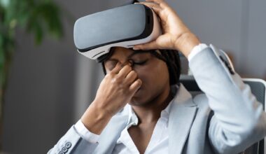 employee suffering from eye strain when using VR headset