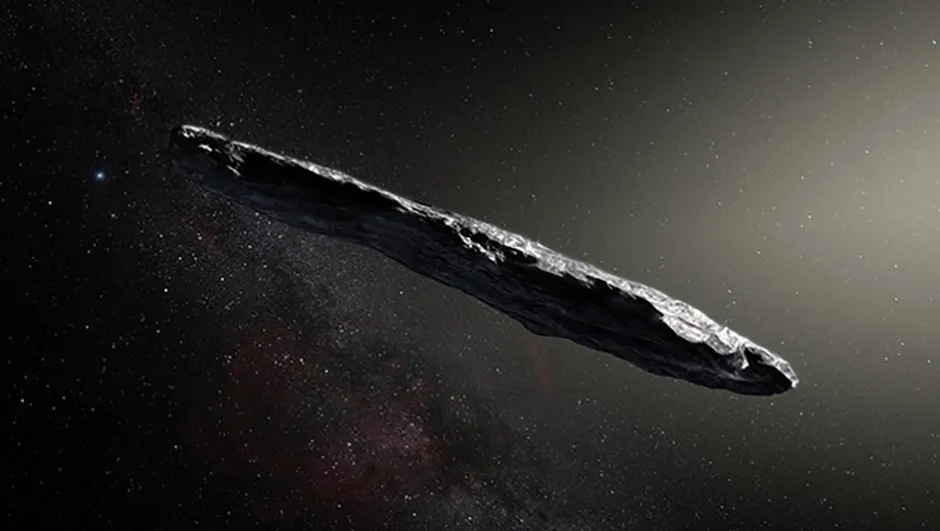 This artist’s impression shows the first interstellar asteroid discovered: `Oumuamua. This unique object was discovered on 19 October 2017 by the Pan-STARRS 1 telescope in Hawai`i