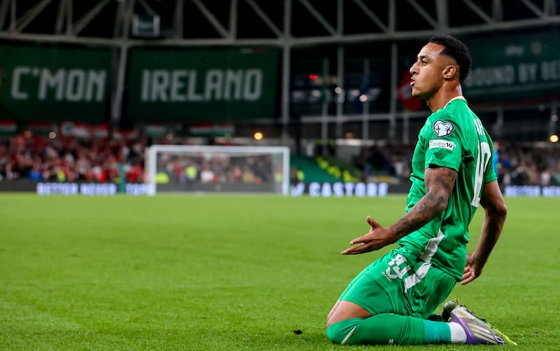 Adam Idah celebrates scoring a goal for Ireland against Hungary in September. Photograph: Ryan Byrne/Inpho