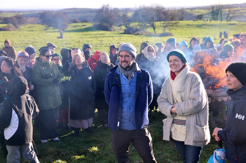 Aisling Rogerson , (Manchán wife) and Ruán Magan (brother) at the Hill of Uisneach. Photograph: Dara Mac Dónaill 
