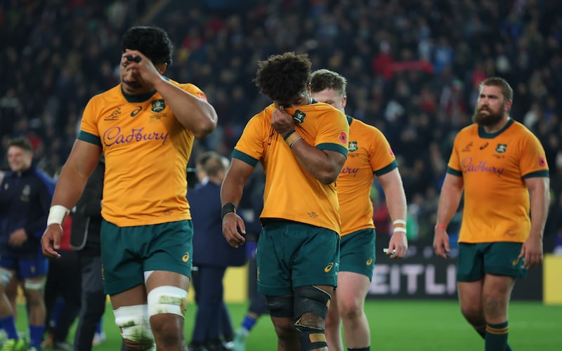 Wallabies' players react after the 26-19 defeat to Italy in Udine last Saturday. Photograph: Timothy Rogers/Getty